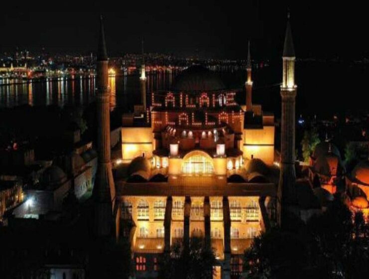 Hagia Sophia illuminated with “There is no God but Allah” banner
