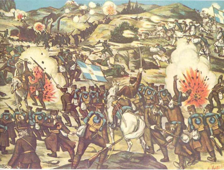 Bulgaria Kilkis Greek lithograph of the battle of Lachanas (Second Balkan War), 1913