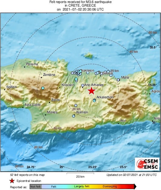 A 4.2 magnitude earthquake reported 19 km southeast of Iraklion, Greece