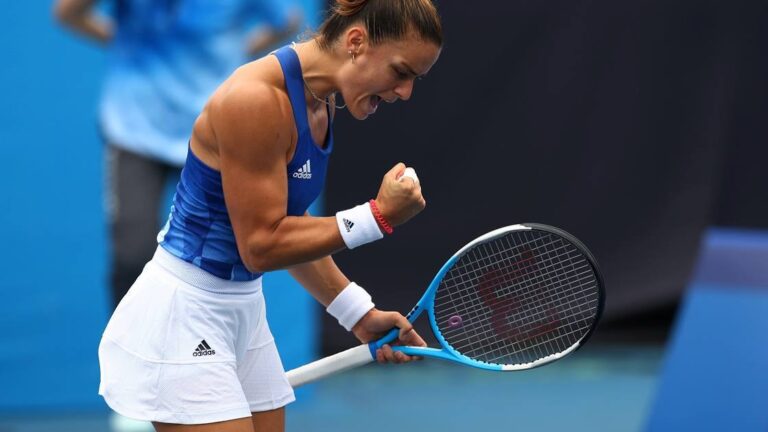 Maria Sakkari of Greece wins her second round match against Nina Stojanovic of Serbia