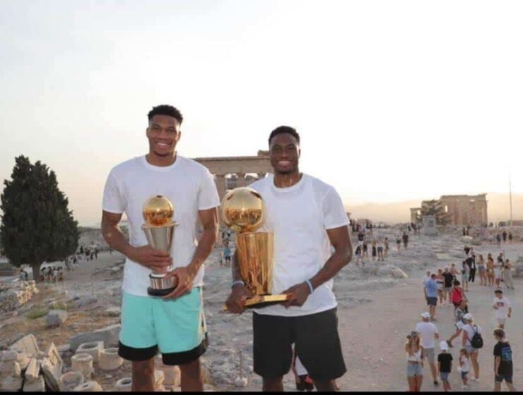 Antetokounmpo brothers climb Acropolis and stand before the Parthenon holding their NBA trophies 26