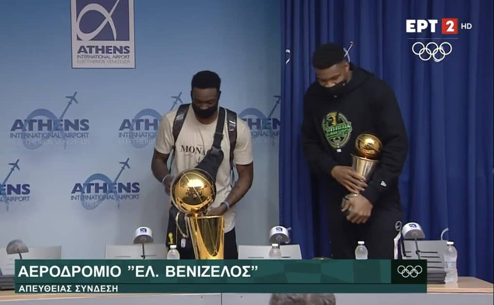 Giannis and Thanasis Antetokounmpo have arrived in Athens Greece with the NBA championship trophy and Finals MVP.
