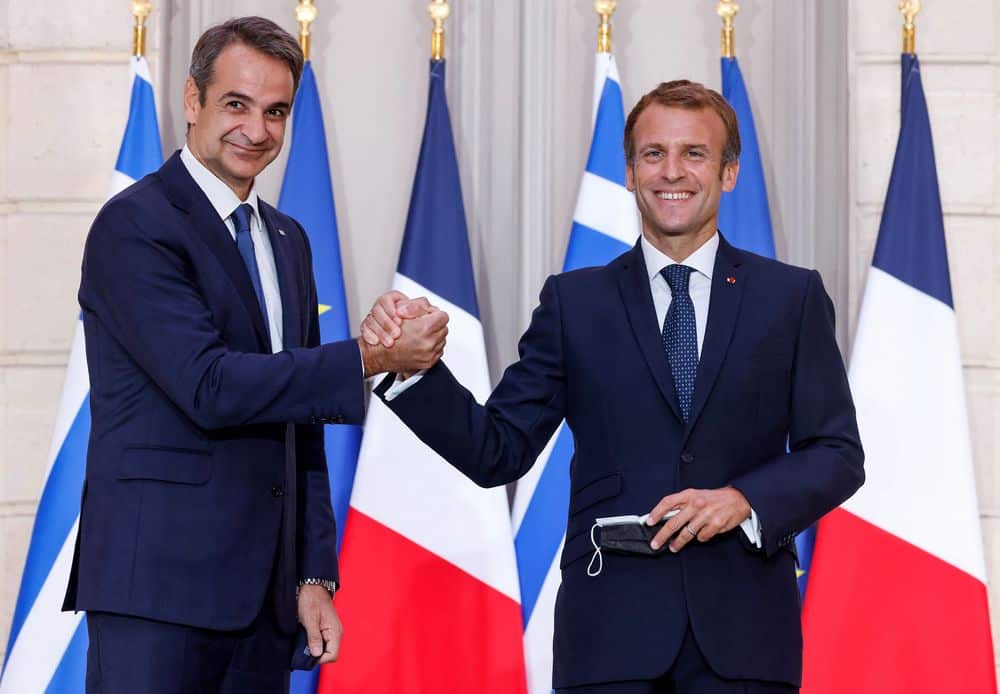 Greek Prime Minister Kyriakos Mitsotakis and French President Emmanuel Macron on September 28, 2021. State Department