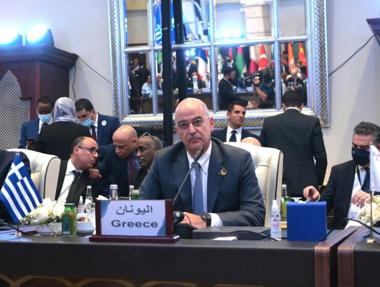 Greek Foreign Minister Nikos Dendias in Libya October 21, 2021.