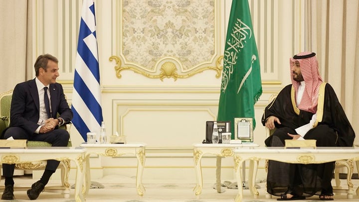 Saudi greece Prime Minister Kyriakos Mitsotakis and Saudi Crown Prince Mohammed bin Salman bin Abdulaziz Al Saud in Riyadh