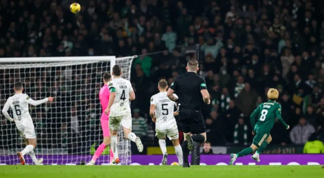 Postecoglou Kyogo scores second goal for Celtic FC against Hibernian in Scottish League Cup Final on December 19, 2021.