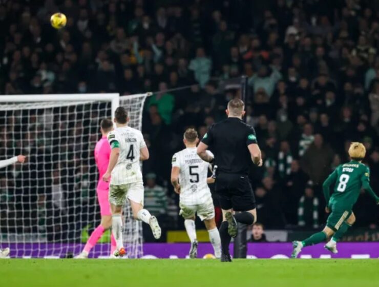 Postecoglou Kyogo scores second goal for Celtic FC against Hibernian in Scottish League Cup Final on December 19, 2021.