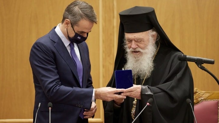 Prime Minister Kyriakos Mitsotakis and the Holy Synod of the Church of Greece with Archbishop Ieronymos of Athens and All Greece on December 13, 2021.