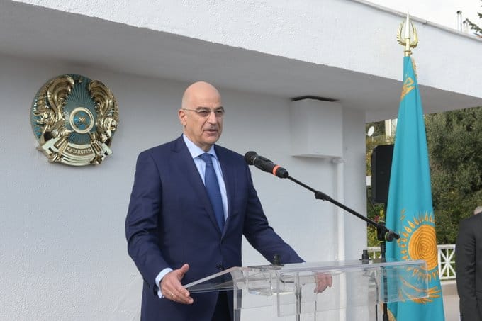 Nikos Dendias at Kazakhstan Embassy of Athens Greece on December 14, 2021.