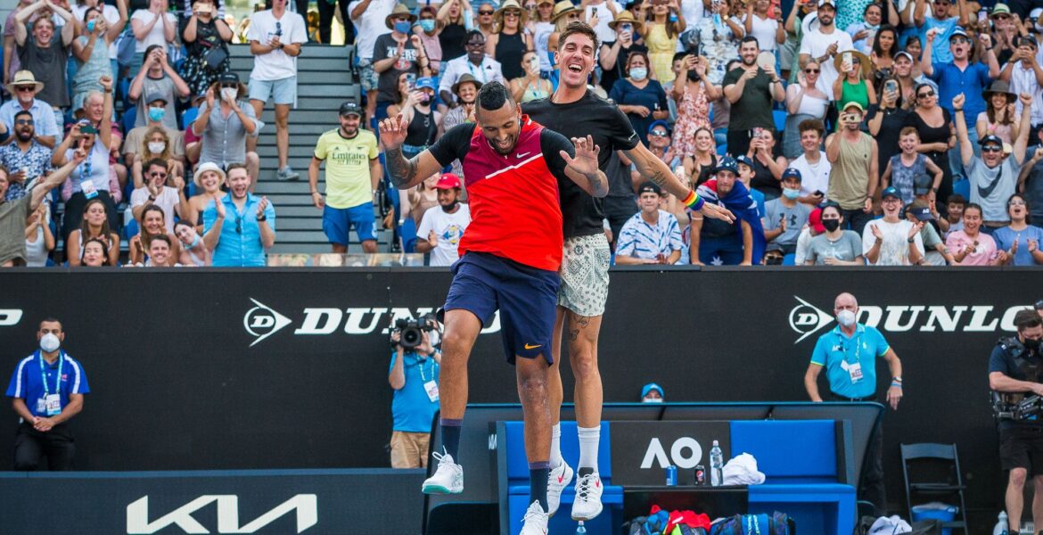 Nick Kyrgios and Thanasi Kokkinakis are through to the quarterfinals of the men's doubles after defeating 15th seeds Ariel Behar and Gonzalo Escobar, 6-4 4-6 6-4 1