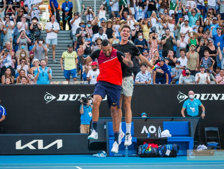 Nick Kyrgios and Thanasi Kokkinakis are through to the quarterfinals of the men's doubles after defeating 15th seeds Ariel Behar and Gonzalo Escobar, 6-4 4-6 6-4 3