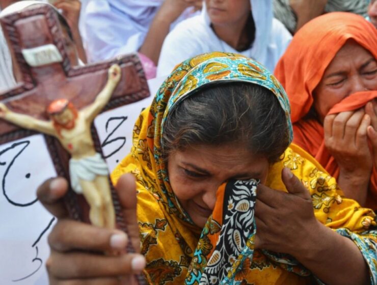 Pakistani Christians protesting the September 22, 2013 suicide bombings at Peshawar's All Saints Church, which left more than 80 dead.