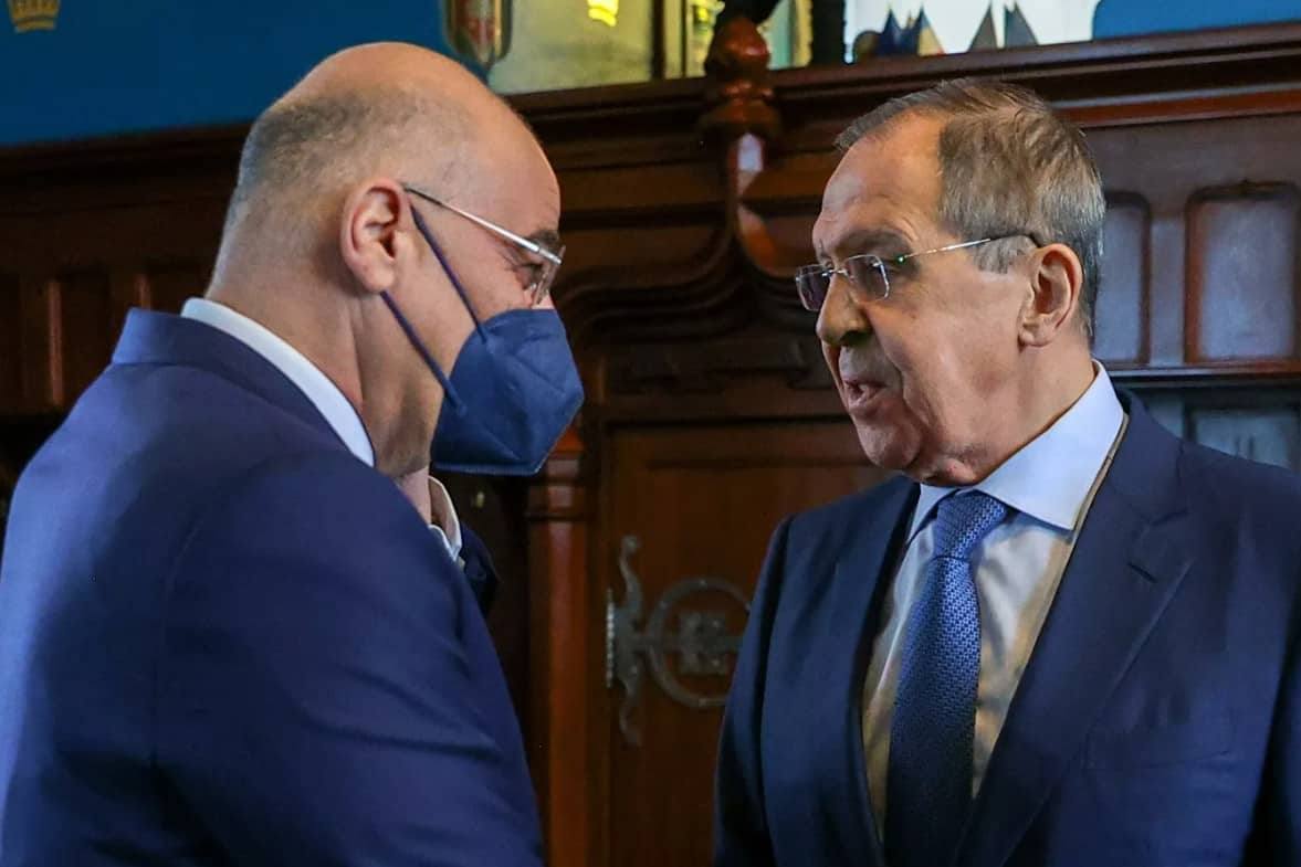 Greek Foreign Minister Nikos Dendias Russian Foreign Minister Sergey Lavrov February 18, 2022.