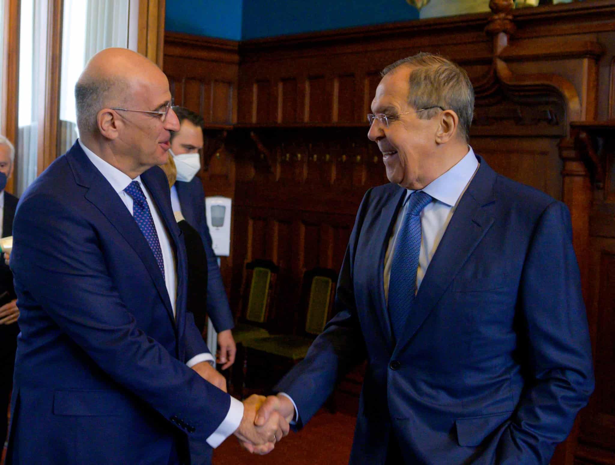 Greek Foreign Minister Nikos Dendias Russian Foreign Minister Sergey Lavrov February 18, 2022.
