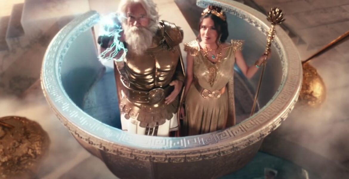 salma hayek arnold schwarzenegger greek gods in super bowl commercial for bmw