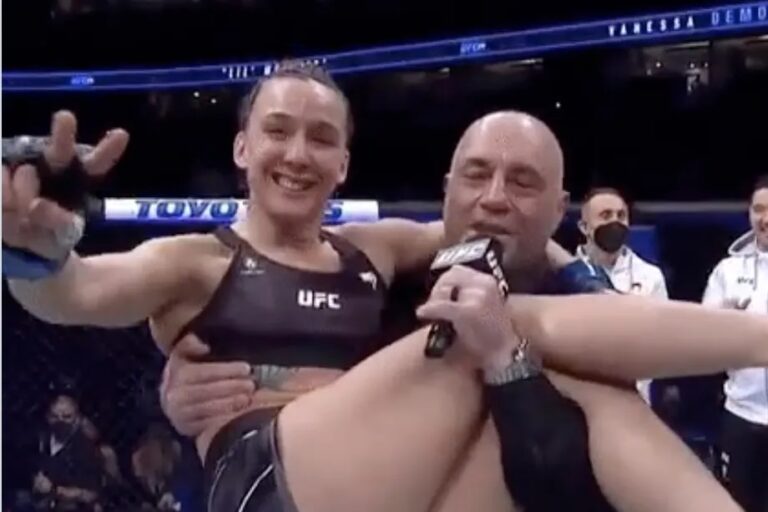 Vanessa Demopoulos jumps on Joe Rogan after UFC match win (VIDEO)