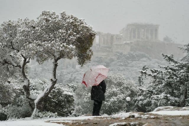 Athens Acropolos Parthenon snow emergency