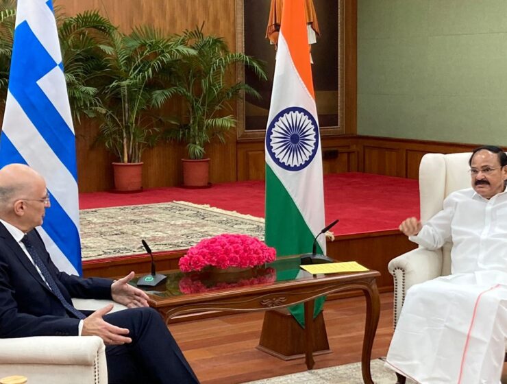 Greek Foreign Minister Nikos Dendias and Indian Vice President Venkaiah Naidu