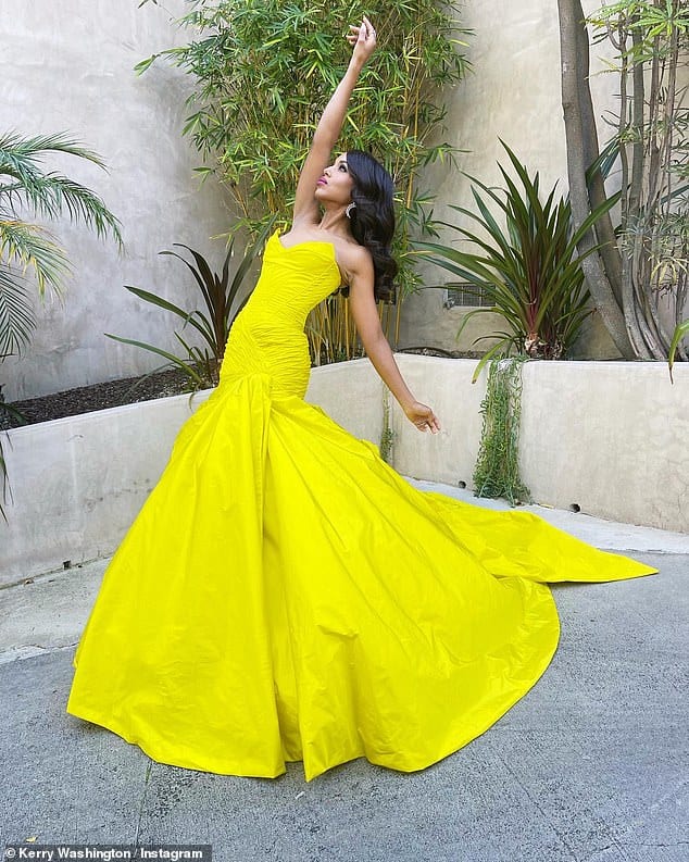 Kerry Washington steals the show at the 2022 SAG Awards in a stunning neon yellow strapless gown designed by Greek Designer