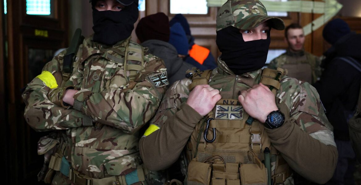 Foreign volunteer fighters who are ready to join the fight against the Russian invasion of Ukraine, gather in Lviv