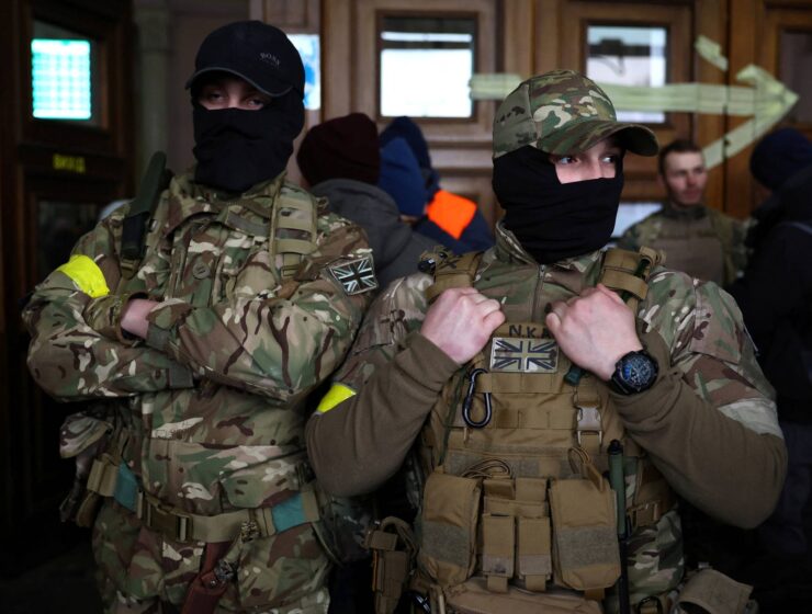 Foreign volunteer fighters who are ready to join the fight against the Russian invasion of Ukraine, gather in Lviv