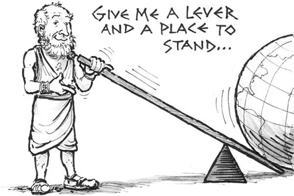 A cartoon of Archimedes moving the earth with the aid of a lever 1