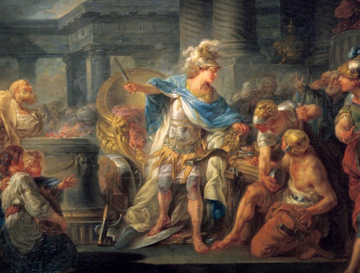 The legend of this painting, "Alexander cutting the Gordian Knot," is that in 333 B.C. at Gordium, Phrygia, Alexander the Great, unable to untie the knot, sliced it with his sword. Jean-Simon Berthelemy (1743-1811), a French history painter, painted this oil on canvas. PHOTOGRAPH BY UNIVERSAL HISTORY ARCHIVE, GETTY