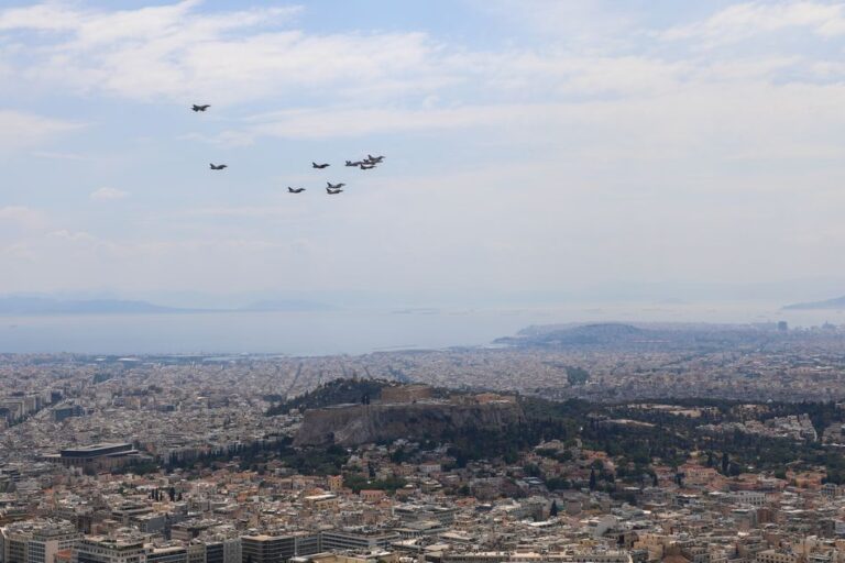 NATO fighter jet planes and helicopters flew over the Athens Acropolis