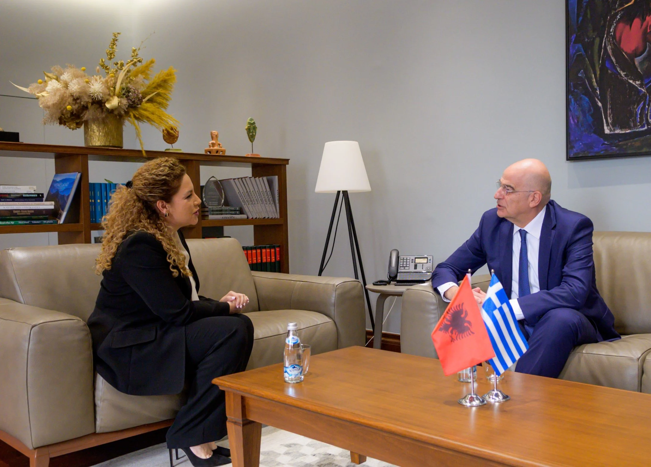 Greek Foreign Affairs Minister Nikos Dendia Albania's Minister for Europe & Foreign Affairs Olta Xhacka May 23, 2022.