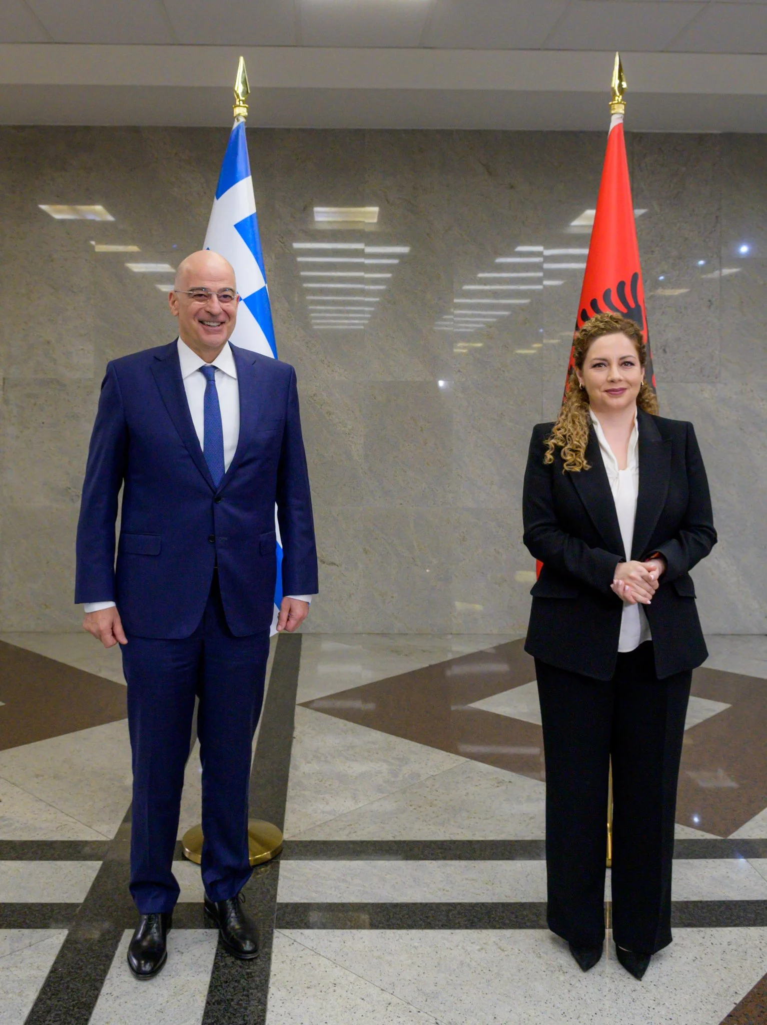 Greek Foreign Affairs Minister Nikos Dendia Albania's Minister for Europe & Foreign Affairs Olta Xhacka May 23, 2022.
