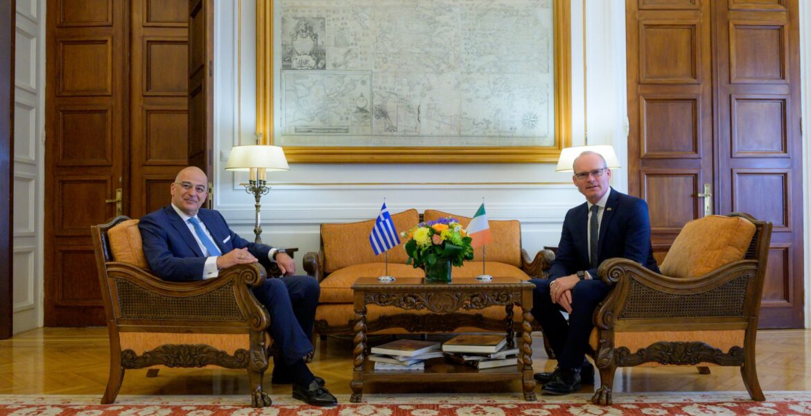 Greek Foreign Minister Nikos Dendias and Irish Foreign and Defence Minister Simon Coveney on June 18.