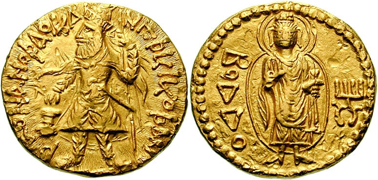 A Buddhist coin of Kanishka I, with legend ΒΟΔΔΟ "Boddo" (=the Buddha) in Greek script on the reverse.