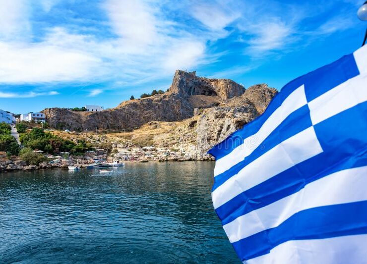 Lindos Rhodes Greek flag South Aegean