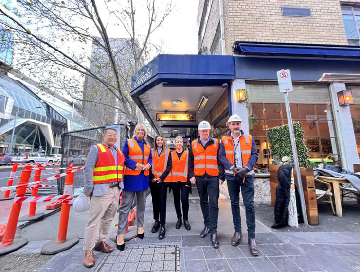 Caption: Lord Mayor Sally Capp with work crews who are upgrading the Lonsdale Street’s Greek precinct.