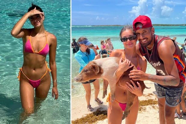 Nick Kyrgios holidays with stunning girlfriend Costeen Hatzi as pair pet pigs and sharks in Bahamas