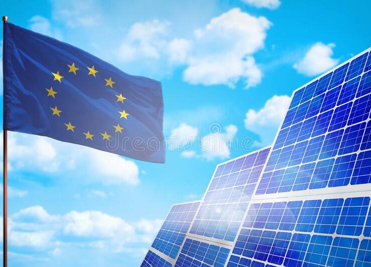 european union alternative energy solar energy concept flag symbol fight global warming industrial illustration d 213070225