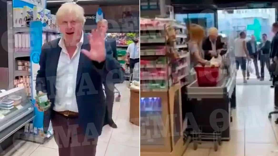 Boris Johnson: Shopping alone in a supermarket in Nea Makri