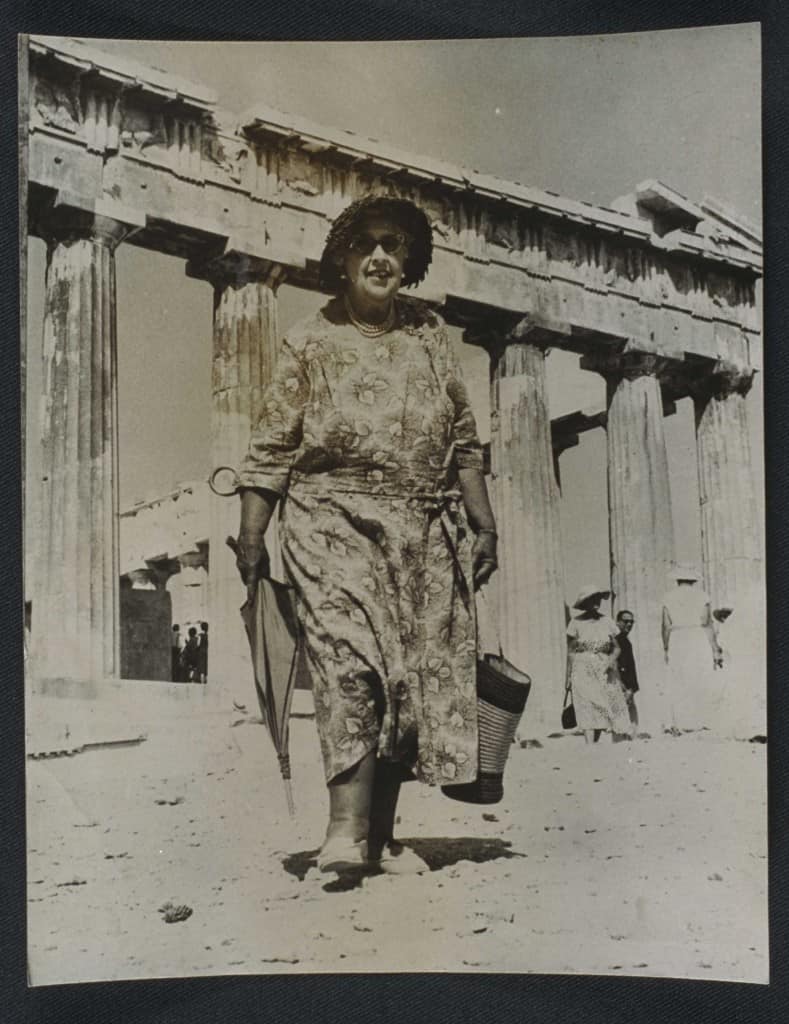 Agatha Christie, English crime novelist, visits the Parthenon Temple in 1958