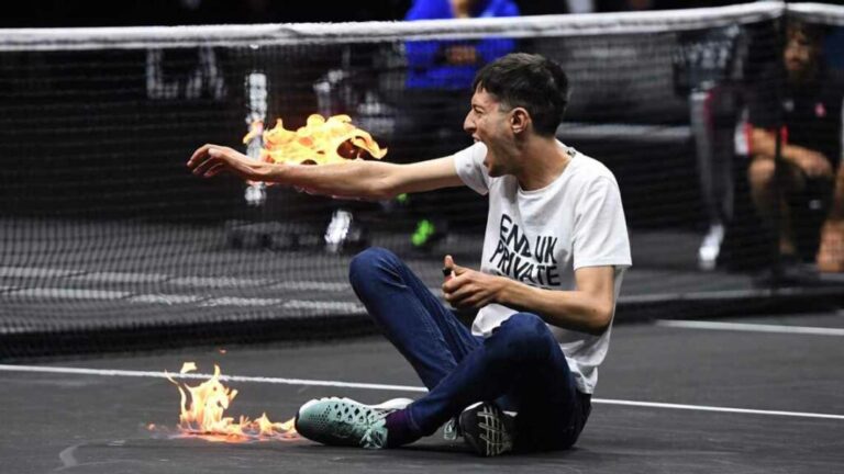 Protester Delays Tsitispas Laver Cup Match After Lighting Arm And Court On Fire