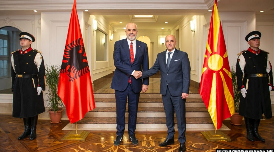 Albanian Prime Minister Edi Rama (left) and his counterpart from North Macedonia, Dimitar Kovachevski, shake hands in Skopje on November 14.