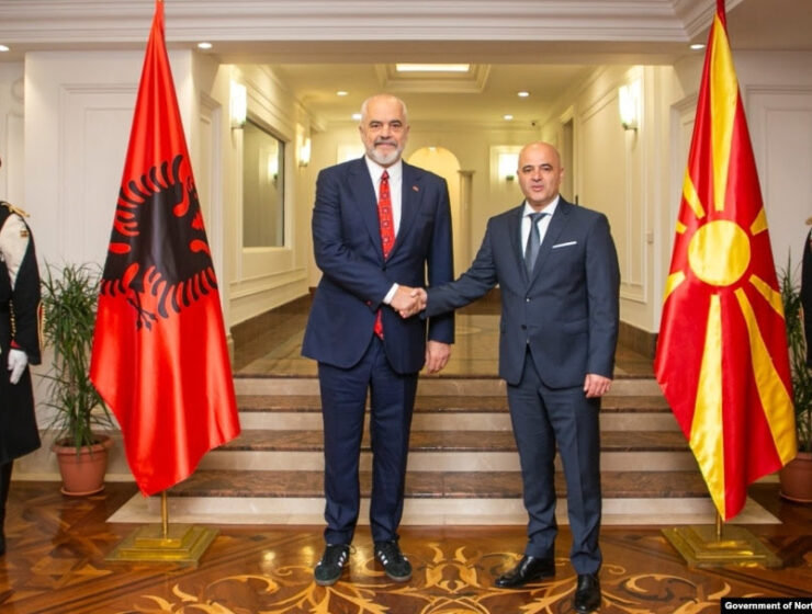 Albanian Prime Minister Edi Rama (left) and his counterpart from North Macedonia, Dimitar Kovachevski, shake hands in Skopje on November 14.