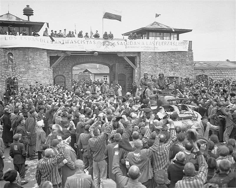 800px Mauthausen survivors cheer the soldiers of the Eleventh Armored Division