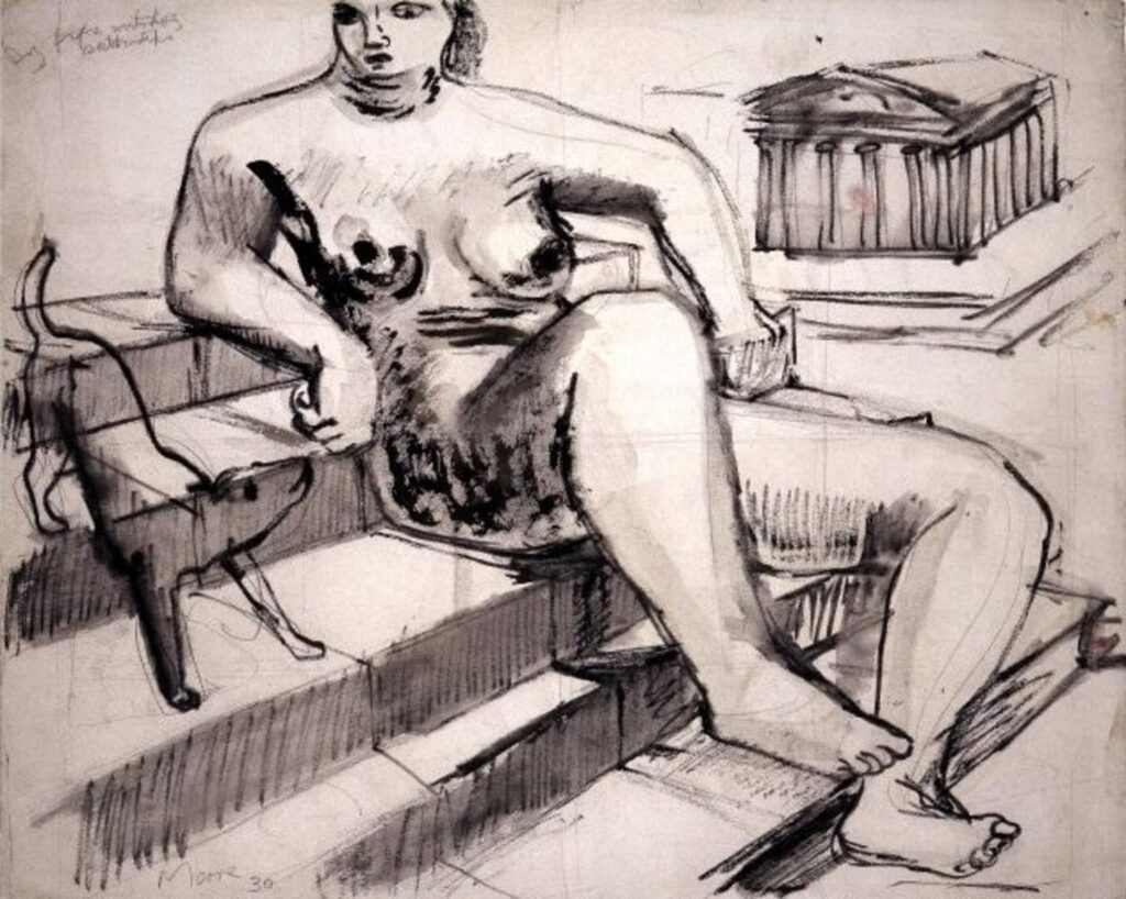Female Nude Seated on Steps with Dog Classical Building Beyond 1930