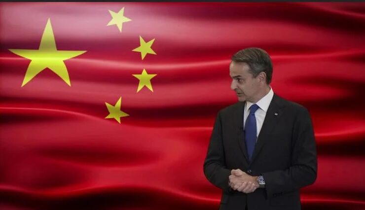 Greek Prime Minister Kyriakos Mitsotakis China Chinese flag