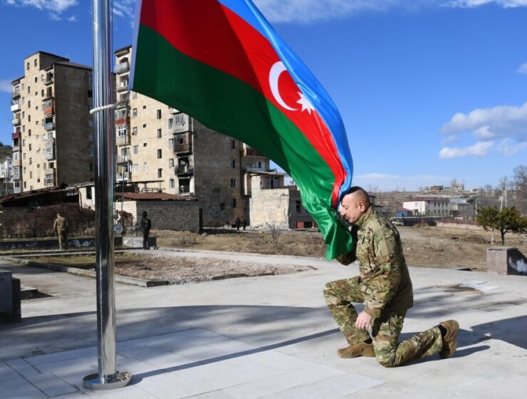 ethnic cleansing Azerbaijani President Ilham Aliyev in occupied Shushi azerbaijani flag