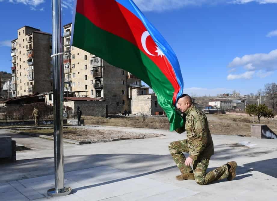 ethnic cleansing Azerbaijani President Ilham Aliyev in occupied Shushi azerbaijani flag