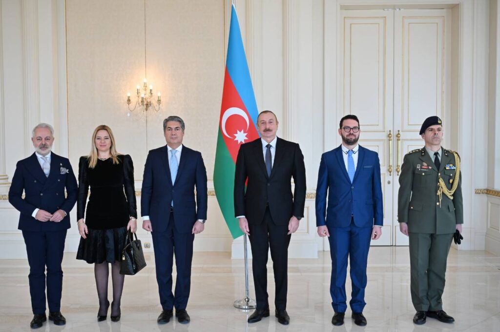 Greek Ambassador to Baku Christos Capodistrias hands his credentials to Azerbaijani President Ilham Aliyev on January 26, 2023.