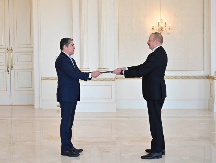 Greek Ambassador to Baku Christos Capodistrias hands his credentials to Azerbaijani President Ilham Aliyev on January 26, 2023.