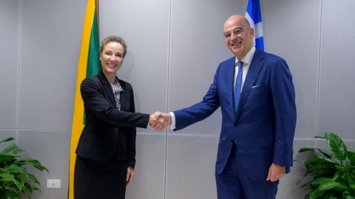 Greek Foreign Minister Nikos Dendias and Jamaican Foreign Minister Kamina J. Smith Kamina Smith