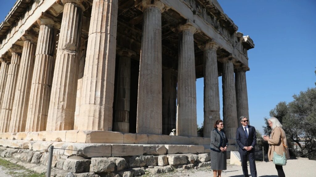 US Secretary of State Antony Blinken and Greek Cultural Minister Lina Mendoni at the Ancient Agora of Athens on February 21, 2022.